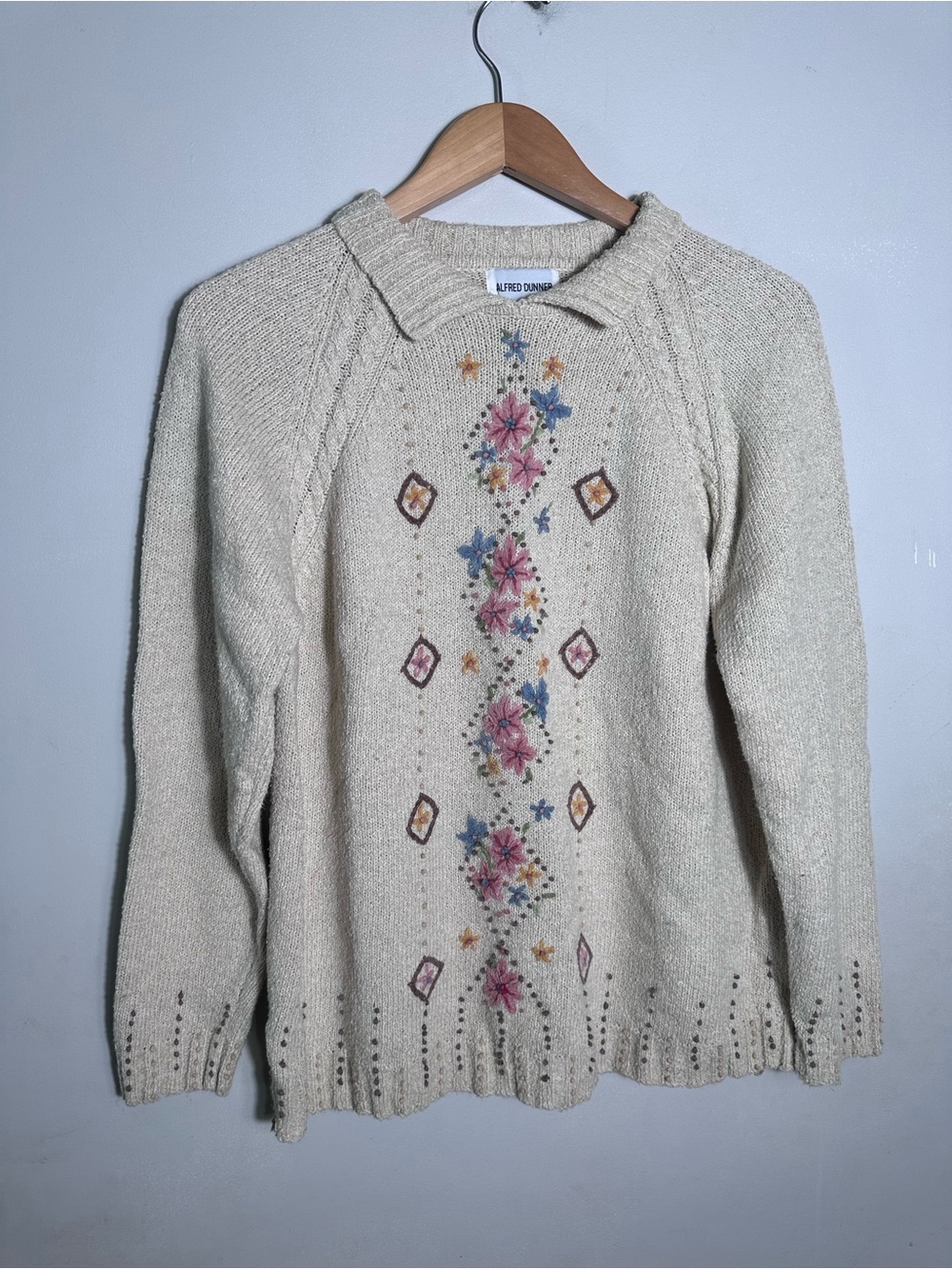 Vintage Alfred Dunner Cream Floral Embroidered Collared Sweater